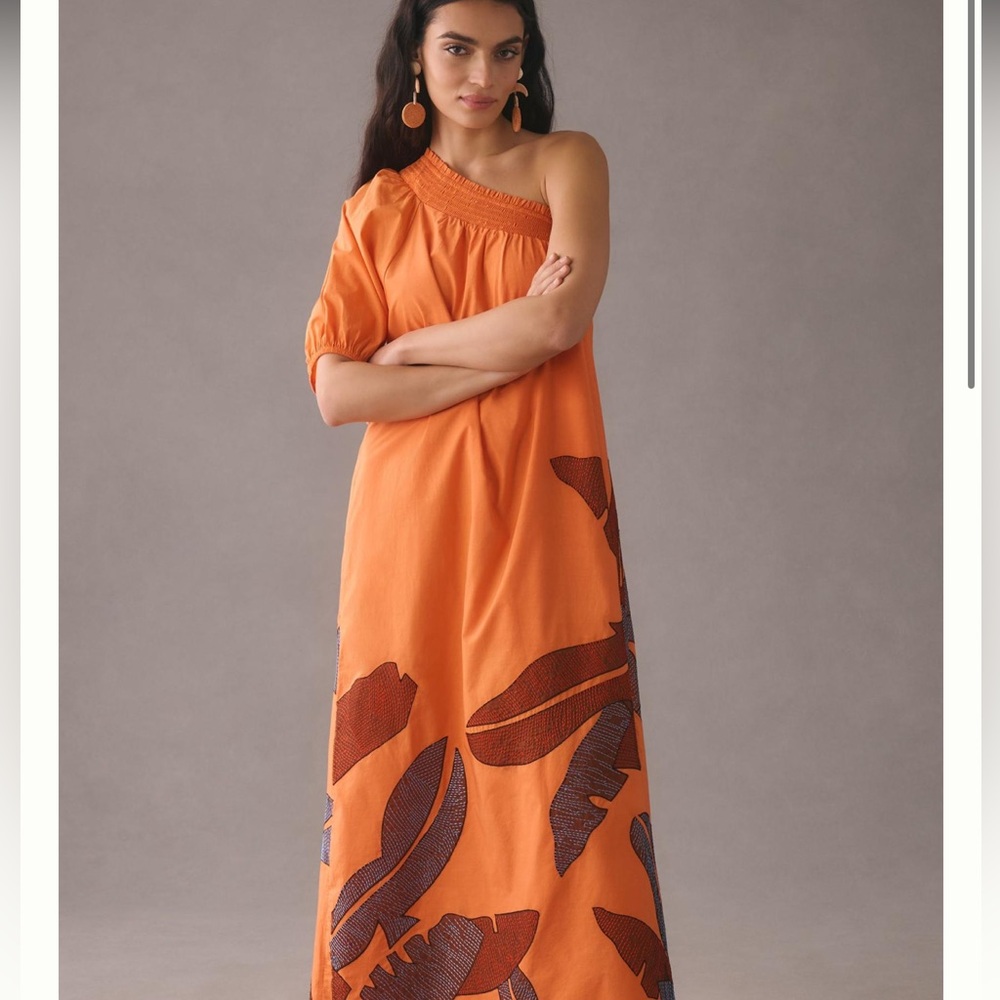 Anthropologie Maeve One-Shoulder Embroidered Maxi Dress
